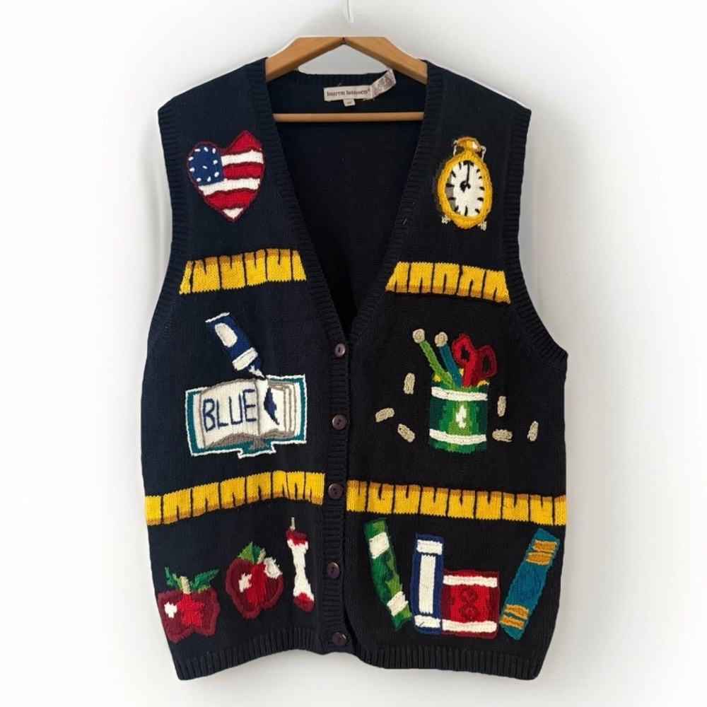 Vintage 90s School Teacher Sweater Vest Embroidered Blue Sz M Cottage Granny